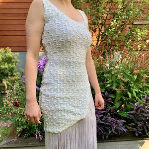 Vintage ivory lace, sequin, & fringe stretch cocktail dress wedding